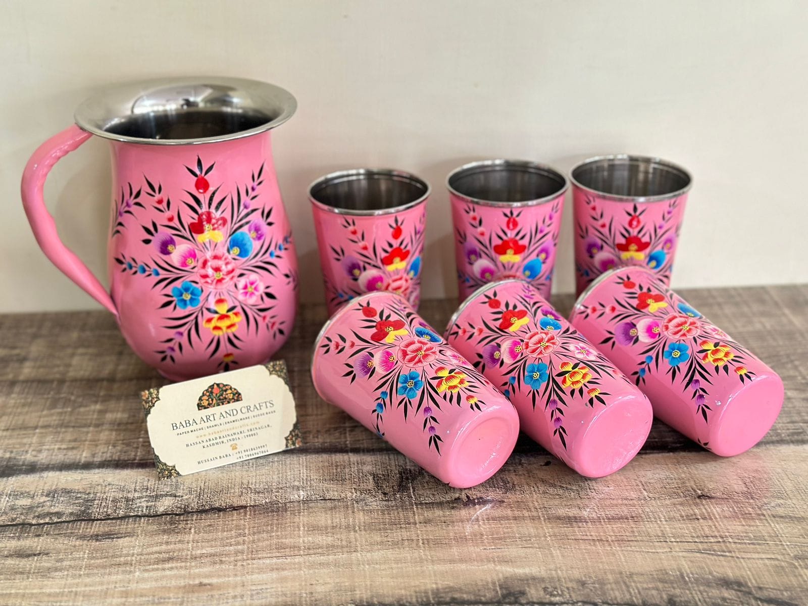 Hand painted jug set, Enamel Ware utensils,Enamelware jug set with 6 hand painted steel glass , kashmiri enamelware